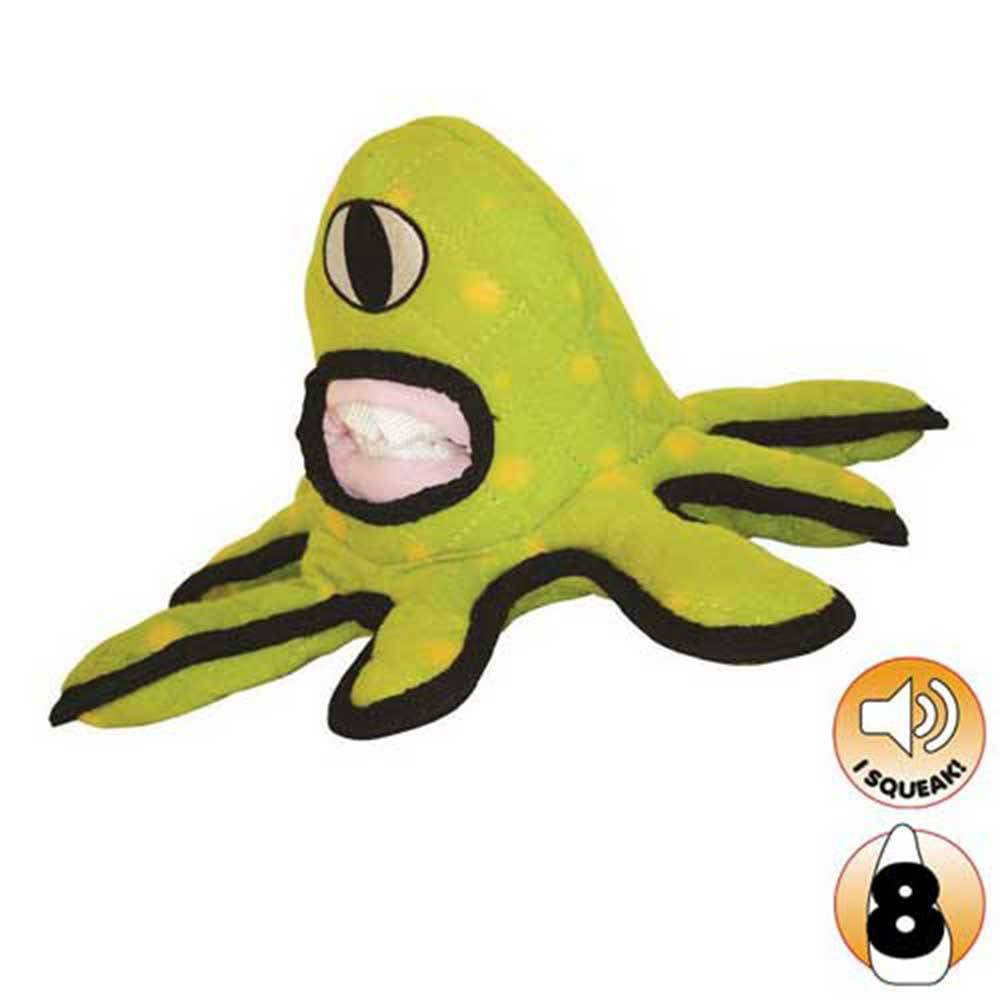 Tuffy Captain Kurklops Alien Dog Toy in green, featuring an 8-legged design and a squeaker, perfect for interactive play.