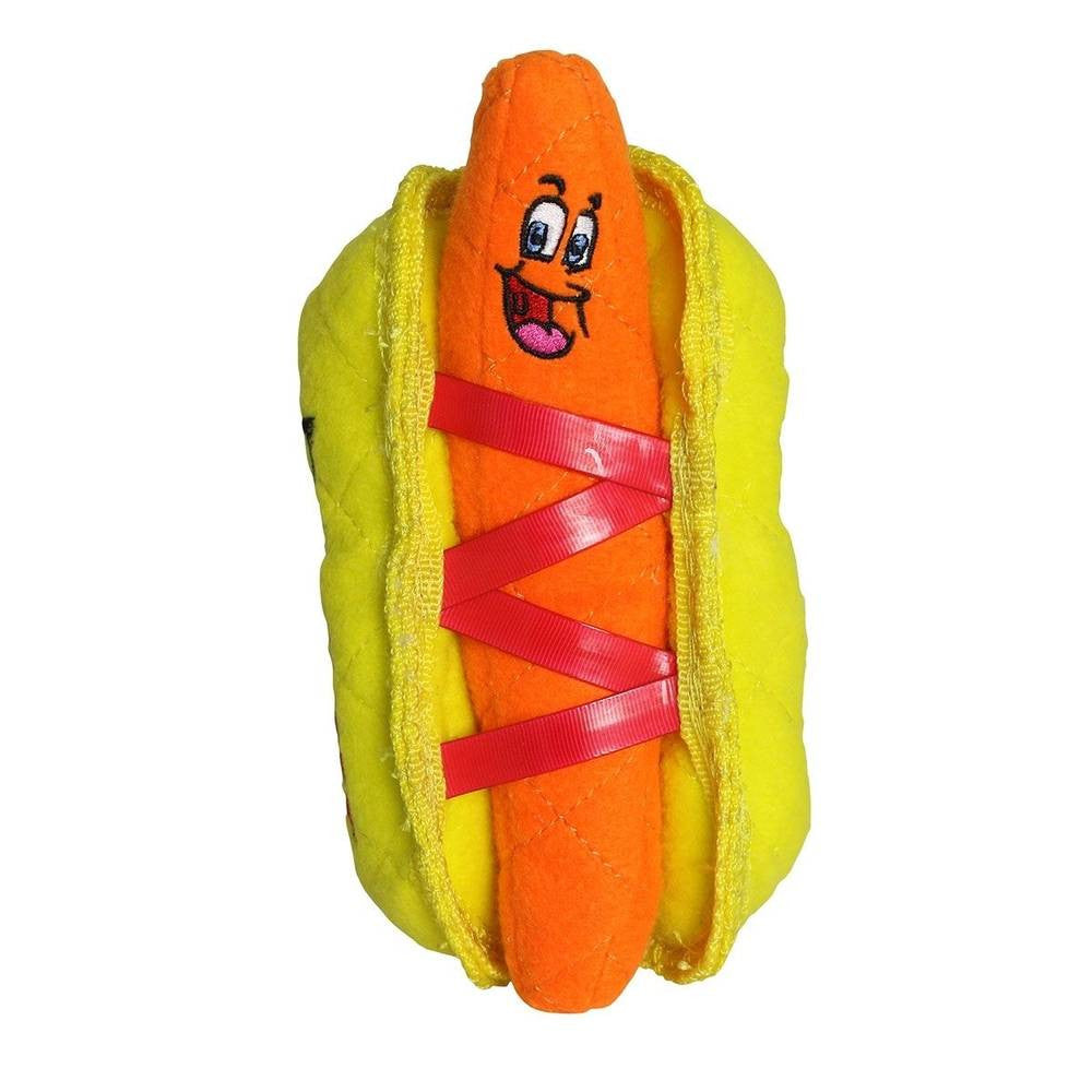Tuffy Funny Food HotDog toy for dogs, featuring a colorful design and multiple squeakers, ideal for small to medium-sized pets.