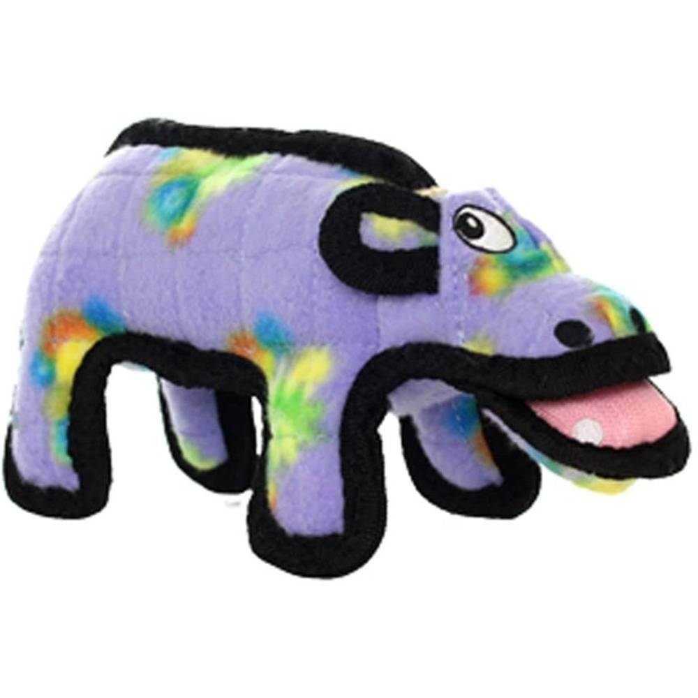 Tuffy Jr Zoo Hippo dog toy, featuring a soft fleece exterior and durable construction for medium to large dogs, with a squeaker inside.