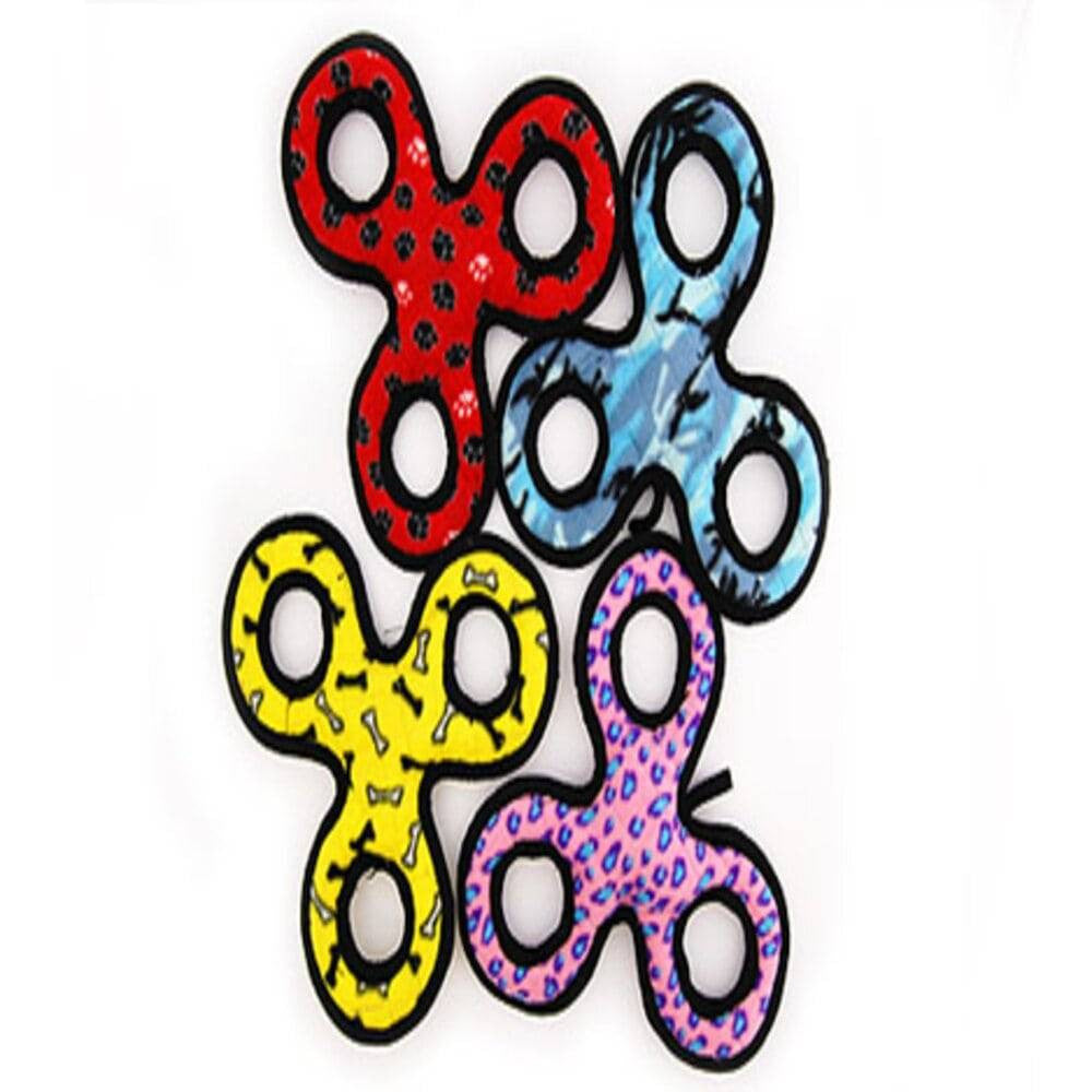 Tuffy Junior 3WayTug dog toy featuring a durable three-section design in vibrant colors, perfect for fetching and tugging.