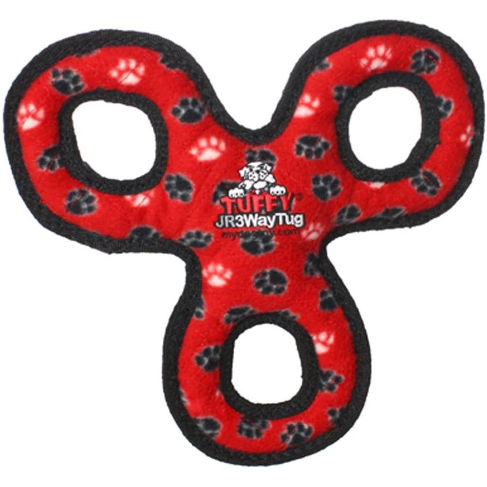 Tuffy Junior 3WayTug dog toy featuring a durable three-section design in vibrant colors, perfect for fetching and tugging.