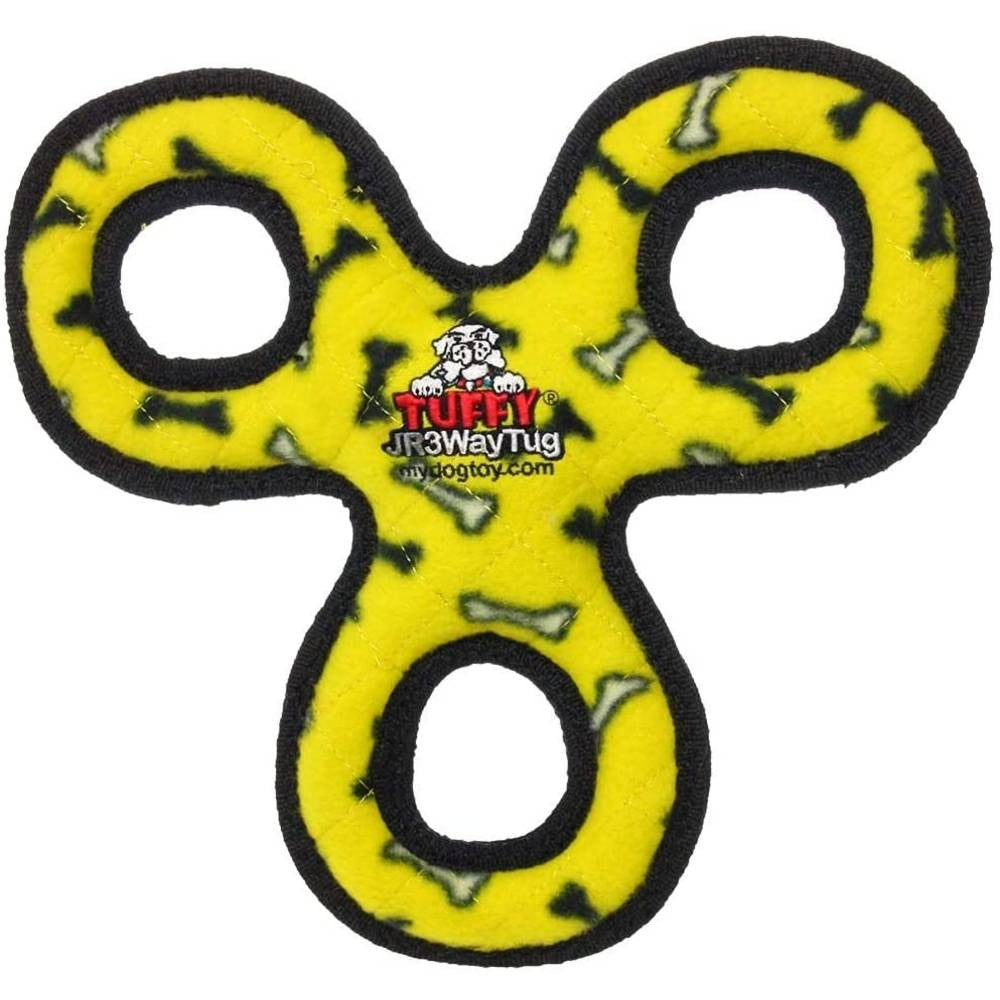 Tuffy Junior 3WayTug dog toy featuring a durable three-section design in vibrant colors, perfect for fetching and tugging.