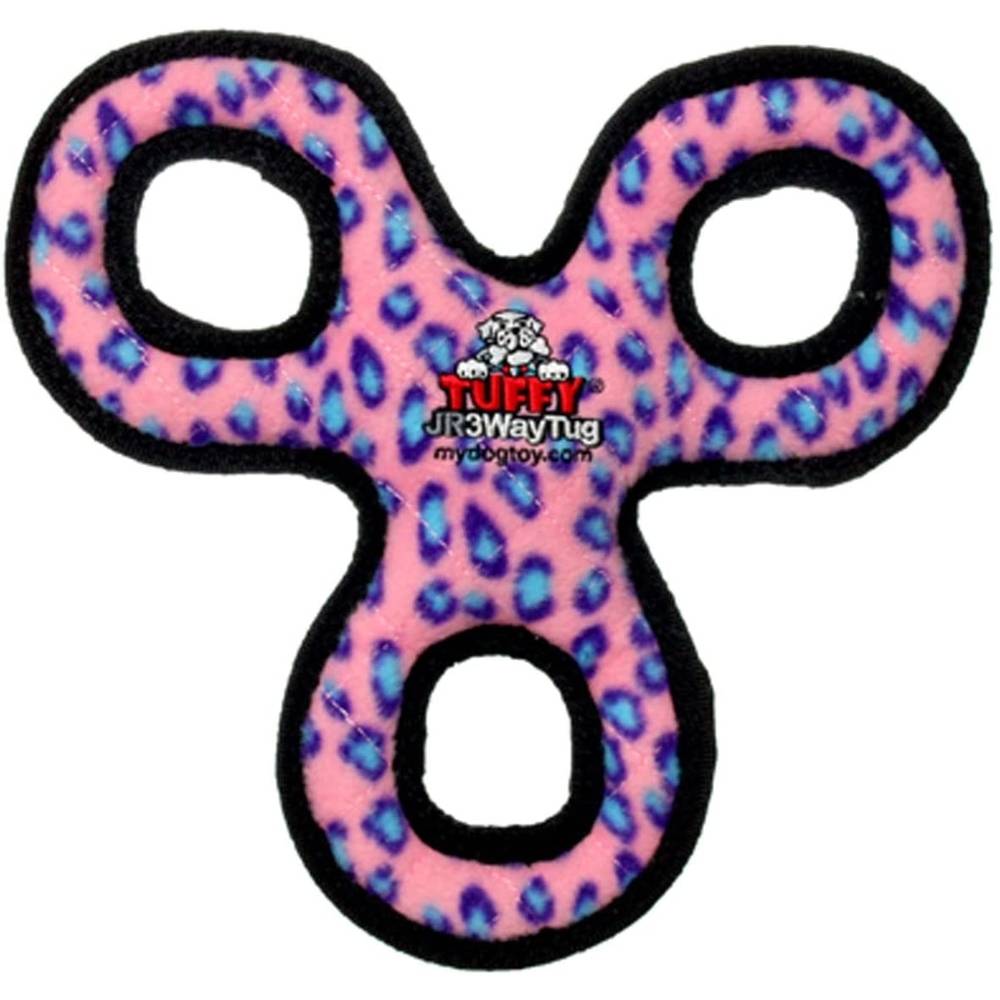 Tuffy Junior 3WayTug dog toy featuring a durable three-section design in vibrant colors, perfect for fetching and tugging.