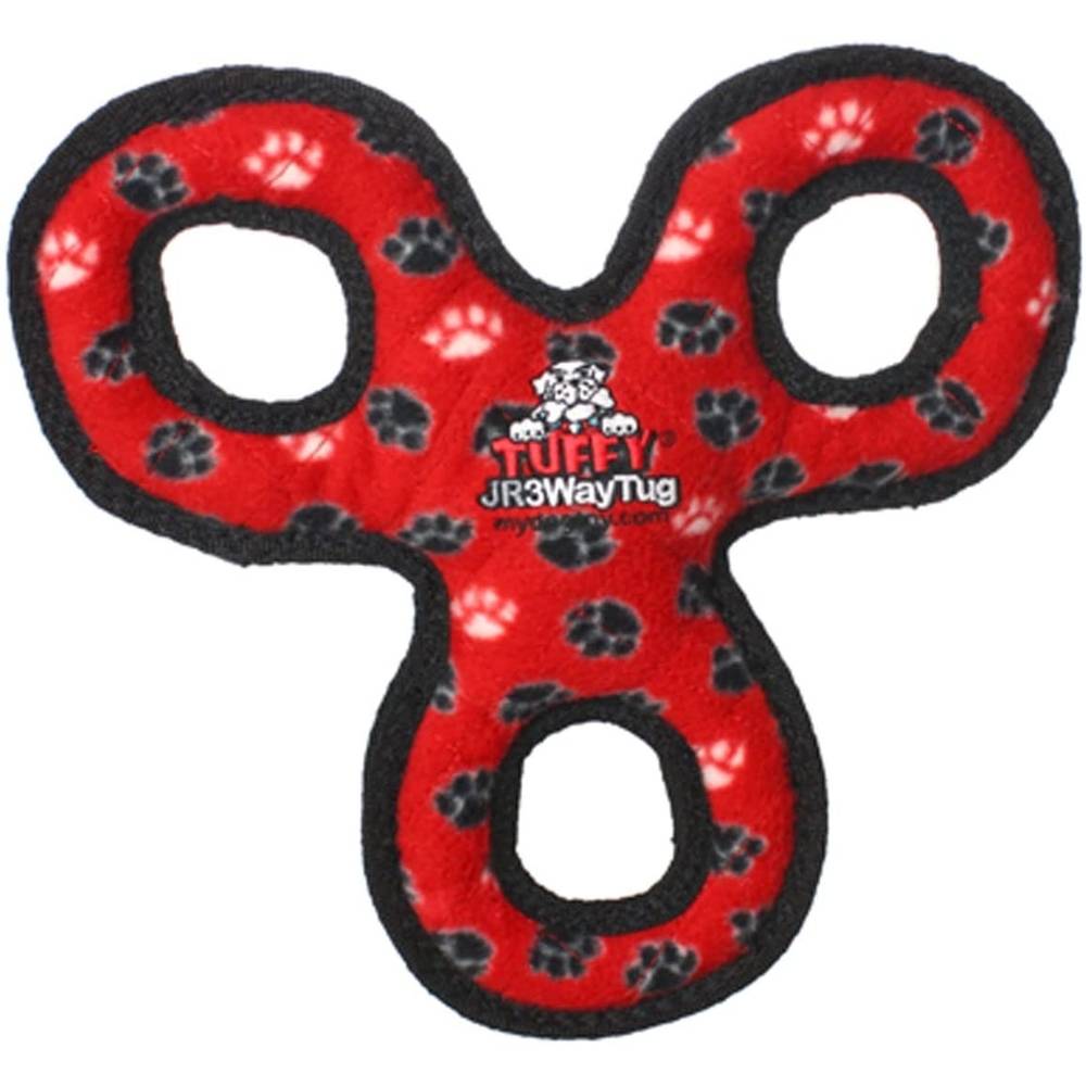 Tuffy Junior 3WayTug dog toy featuring a durable three-section design in vibrant colors, perfect for fetching and tugging.