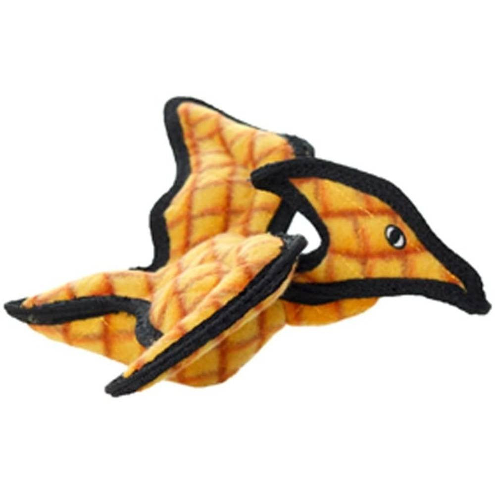 Tuffy Junior Dinosaur Pterodactyl dog toy, featuring vibrant colors and durable materials, designed for medium to large dogs with squeakers for added fun.