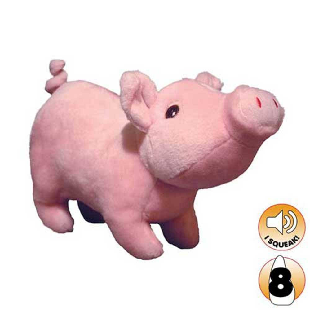 Tuffy Mighty Farm Series Paisley Piglet Dog Toy, a durable plush toy designed for interactive play with dogs, featuring a squeaker and vibrant colors.
