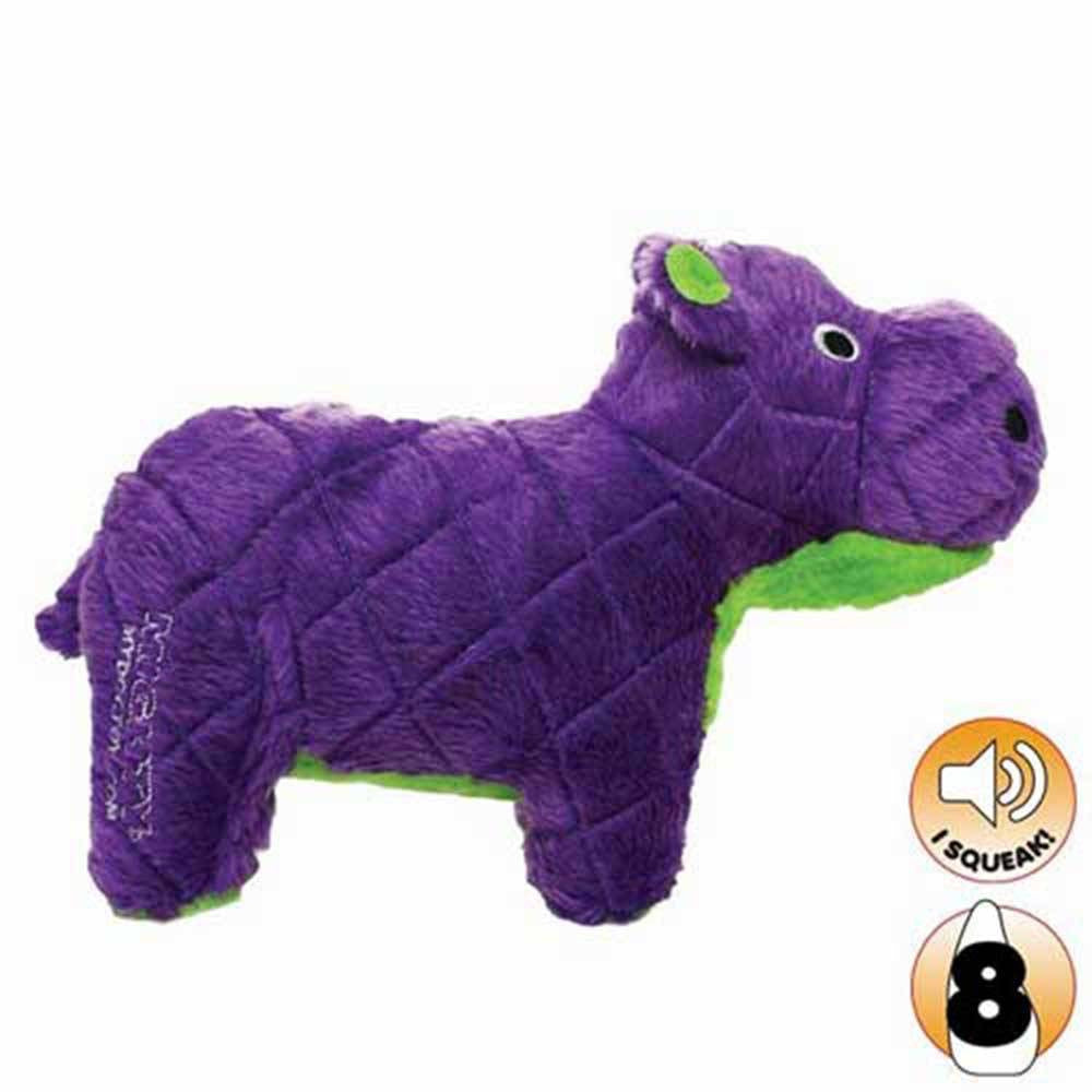 Tuffy Mighty Safari Series Herb The Hippo Dog Toy in purple, designed for small dogs with durable plush material and squeakers.