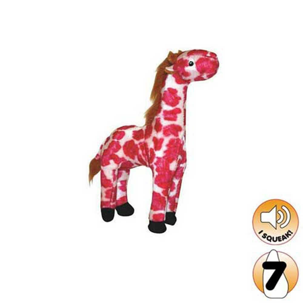 Tuffy Mighty Safari Series Jr Gina The Giraffe Dog Toy in pink, featuring durable fabric and squeakers for interactive play.