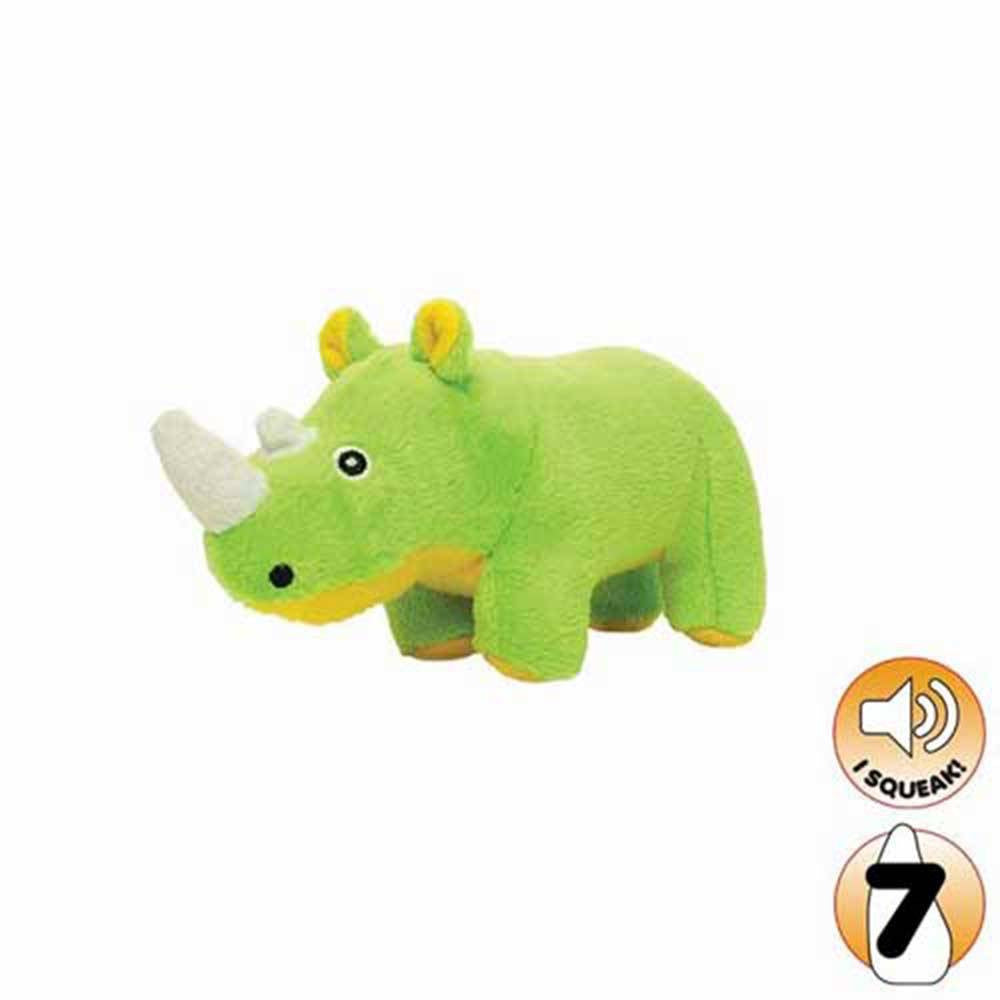 Tuffy Mighty Safari Series Jr Rhoni The Rhino Dog Toy in vibrant green, designed for durability and interactive play with dogs.