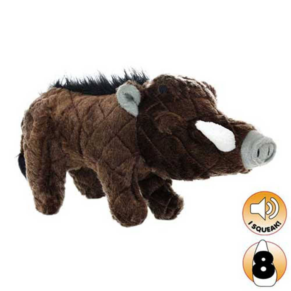 Tuffy Mighty Safari Series William The Warthog Dog Toy in brown, featuring durable fabric and squeakers for interactive play.