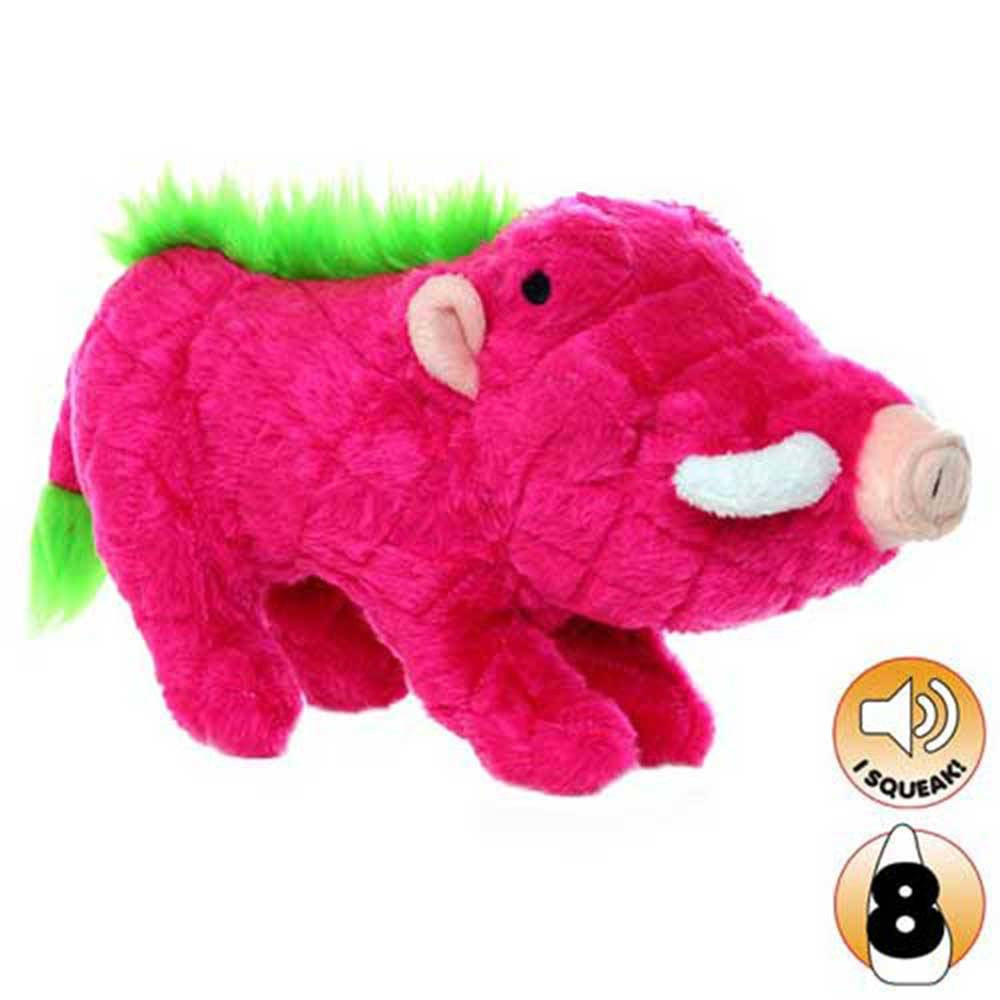 Tuffy Mighty Safari Series Wonda The Warthog Dog Toy in pink, featuring durable fabric and sewn-in squeakers for safe play.