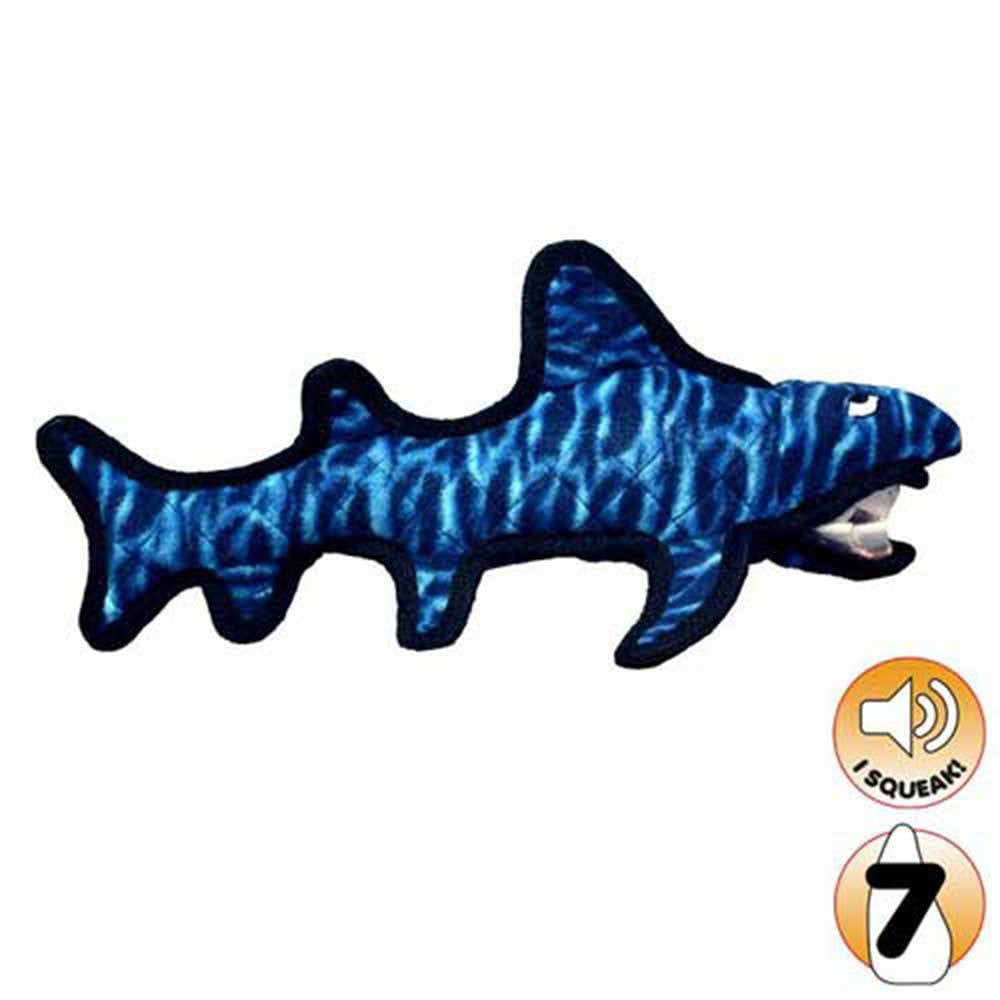 Tuffy Sea Creatures Shack The Shark Dog Toy, a durable plush toy designed for interactive play, featuring a soft exterior and a protective squeaker pouch.