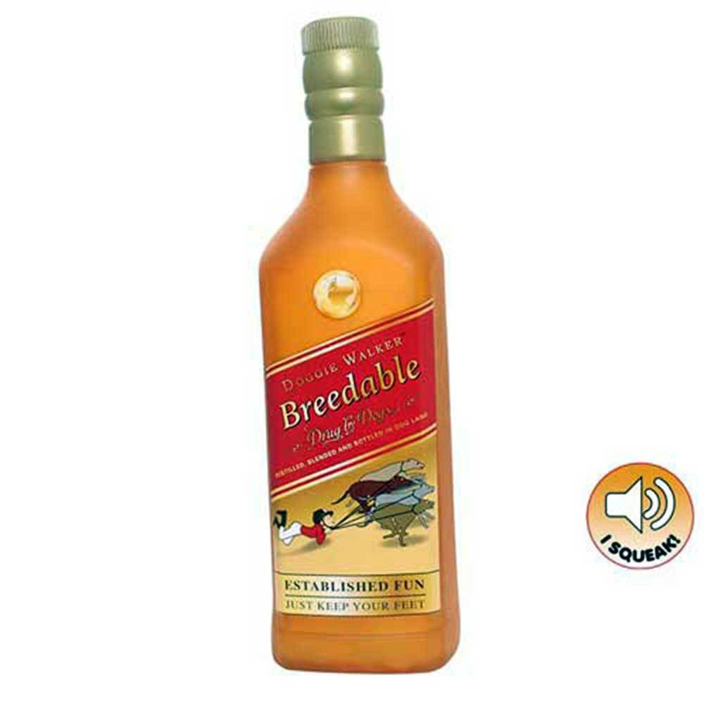 Tuffy Silly Squeaker Liquor Bottle Dog Toy, colorful and durable vinyl toy designed for interactive play with dogs.