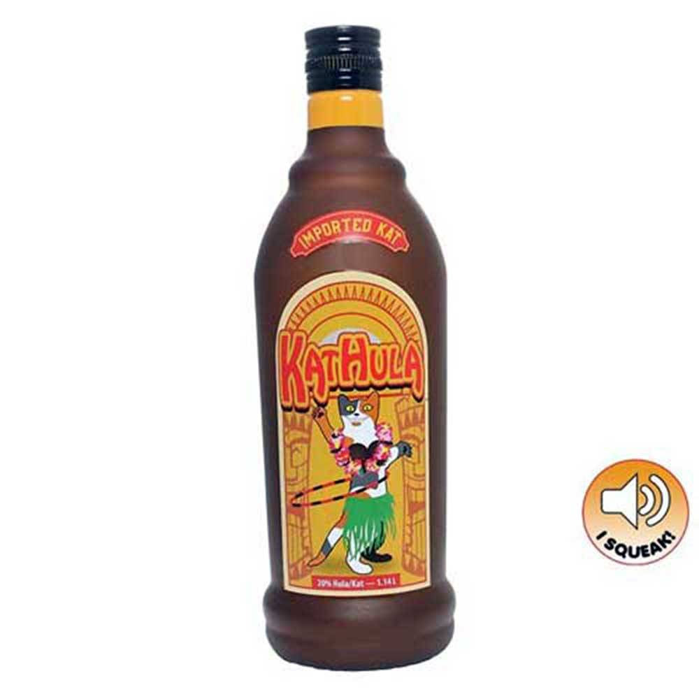 Tuffy Silly Squeaker Liquor Bottle Kat Hula Dog Toy in vibrant colors, designed for interactive play with dogs.