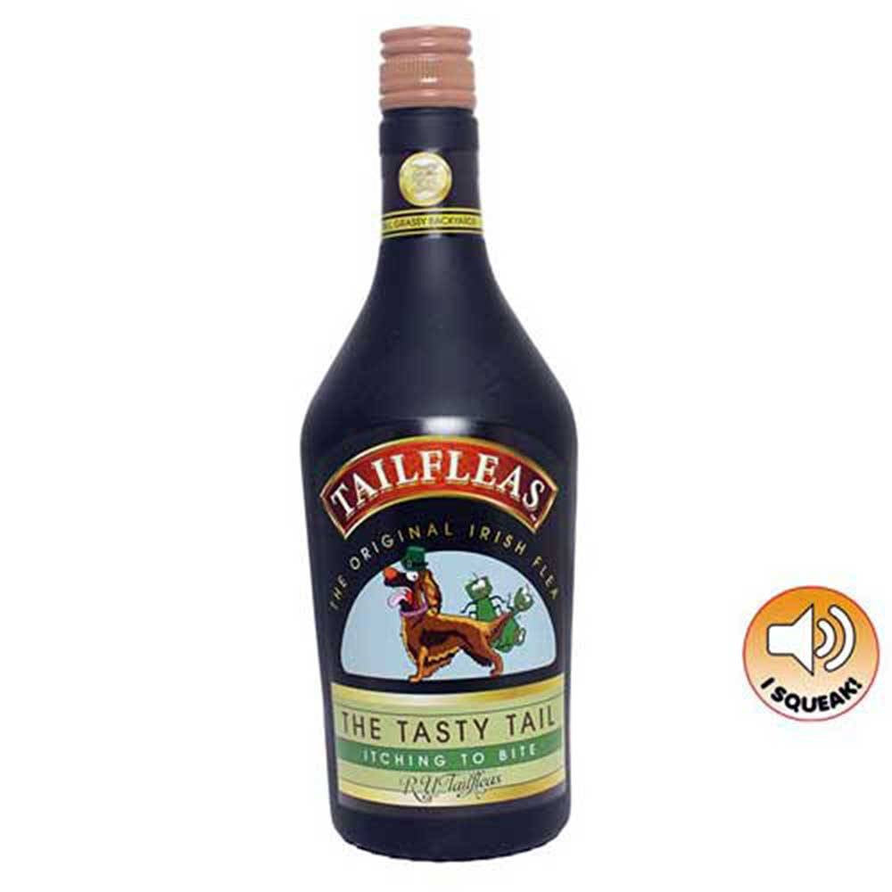 Tuffy Silly Squeaker Liquor Bottle Tail Fleas Dog Toy, colorful and durable vinyl design with a squeaker.