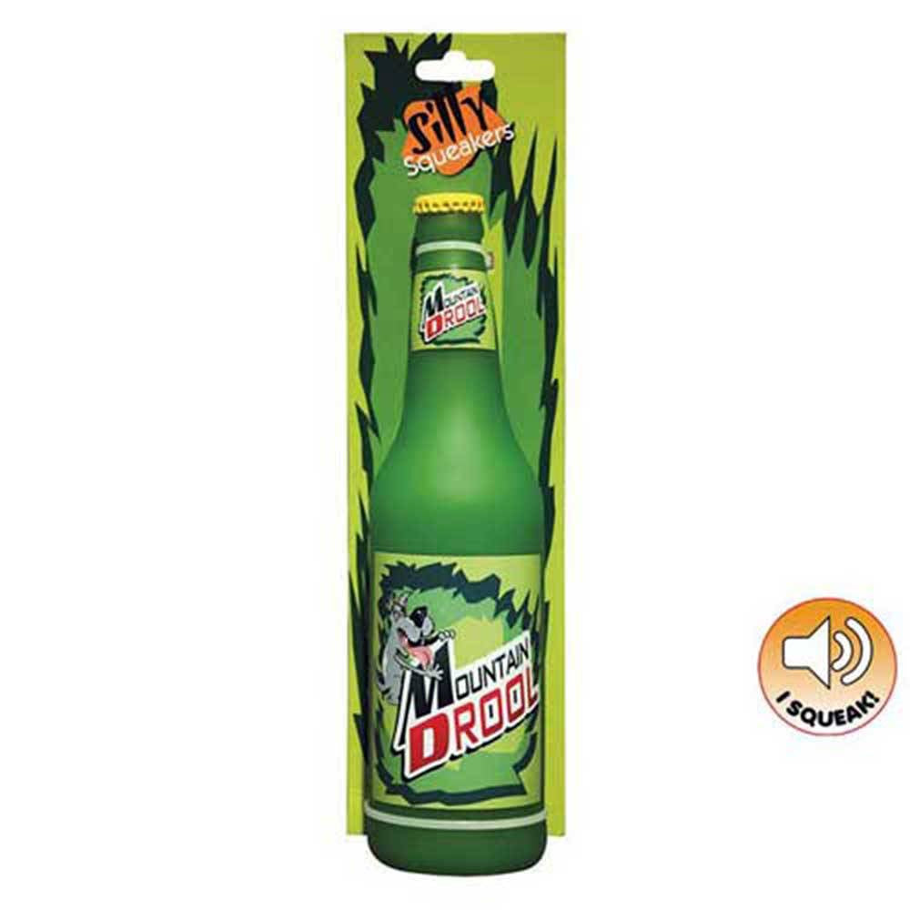 Tuffy Silly Squeakers Dog Toy shaped like a beer bottle, featuring a fun design and vibrant colors, perfect for interactive play.