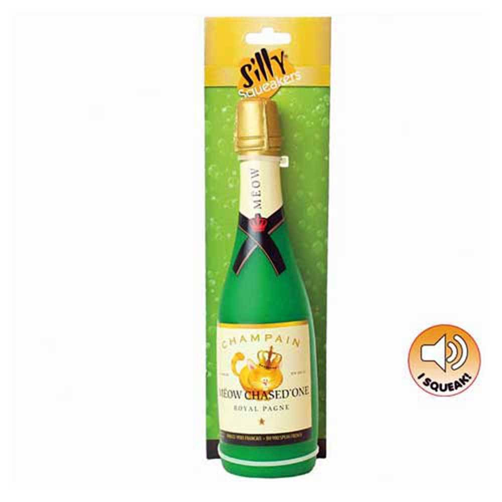 Tuffy Silly Squeakers Dog Toy shaped like a wine bottle, featuring a vibrant design and a squeaker for interactive play.