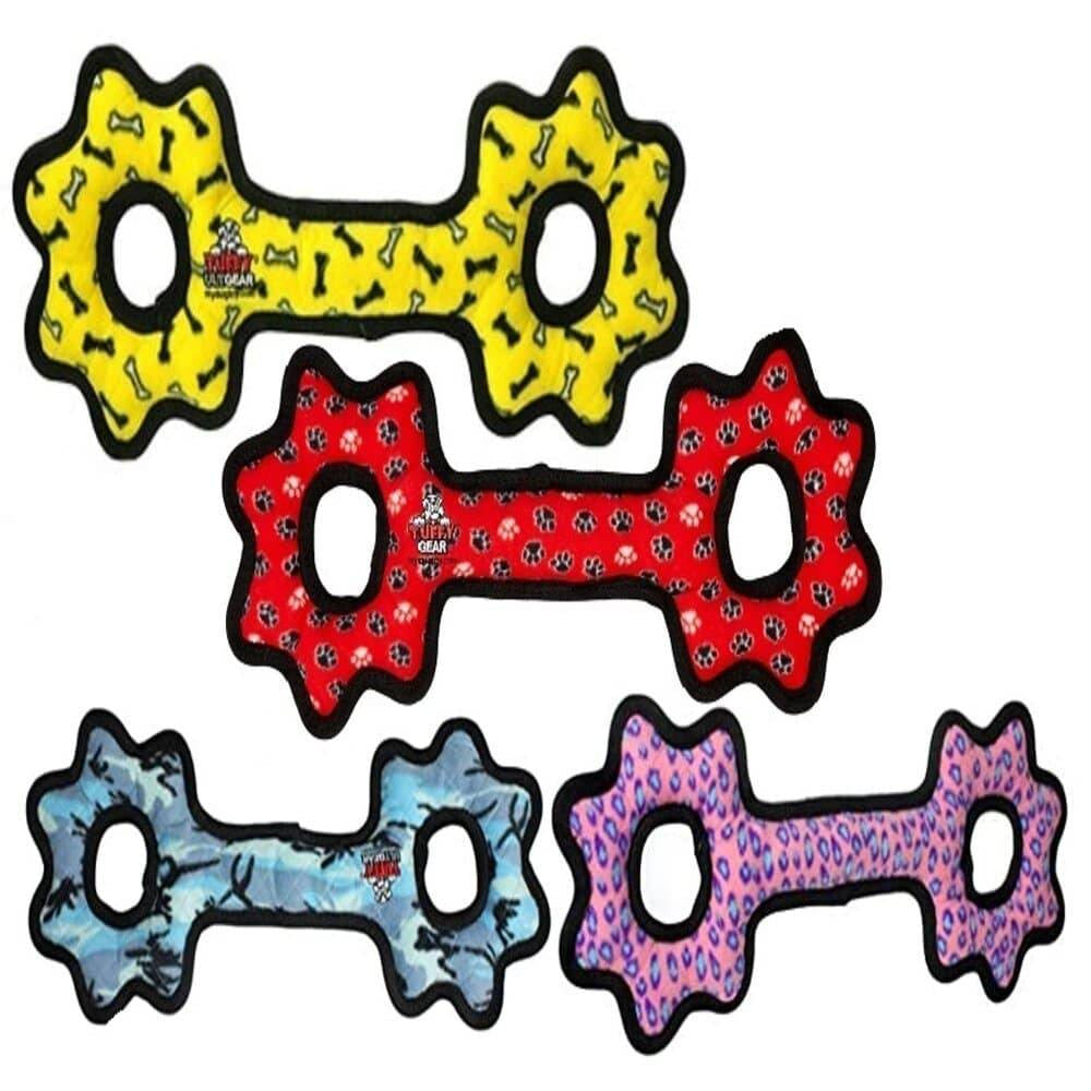 Tuffy Ultimate Tug-O-Gear dog toy featuring multiple layers, squeakers, and durable stitching for medium to large dogs.