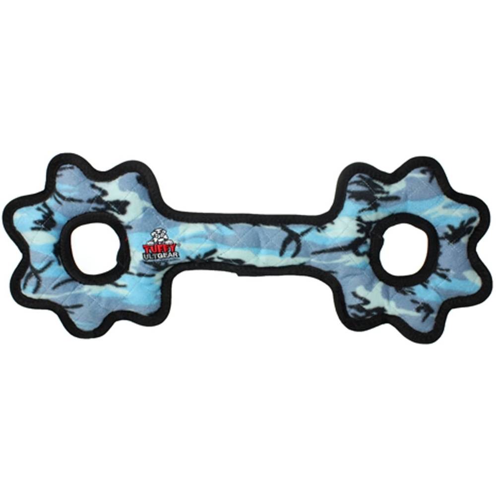 Tuffy Ultimate Tug-O-Gear dog toy featuring multiple layers, squeakers, and durable stitching for medium to large dogs.