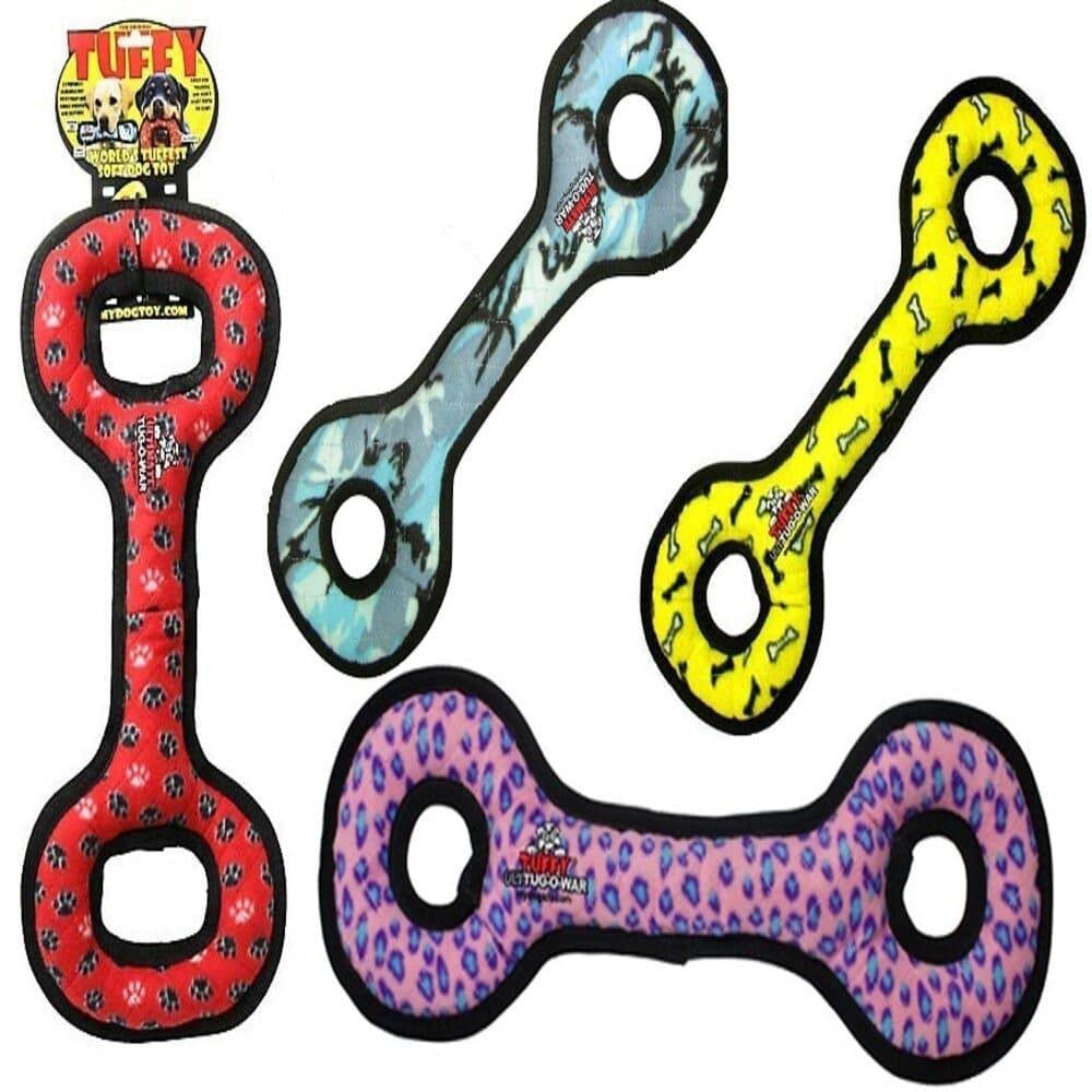Tuffy Ultimate Tug-O-War dog toy featuring multiple layers, three squeakers, and durable stitching, designed for medium to large dogs.