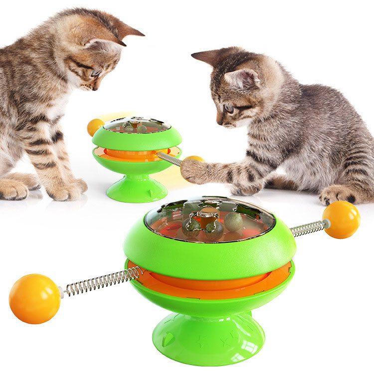 Turntable Cat Toy featuring a teasing stick and catnip ball, designed for interactive play and engagement for cats.
