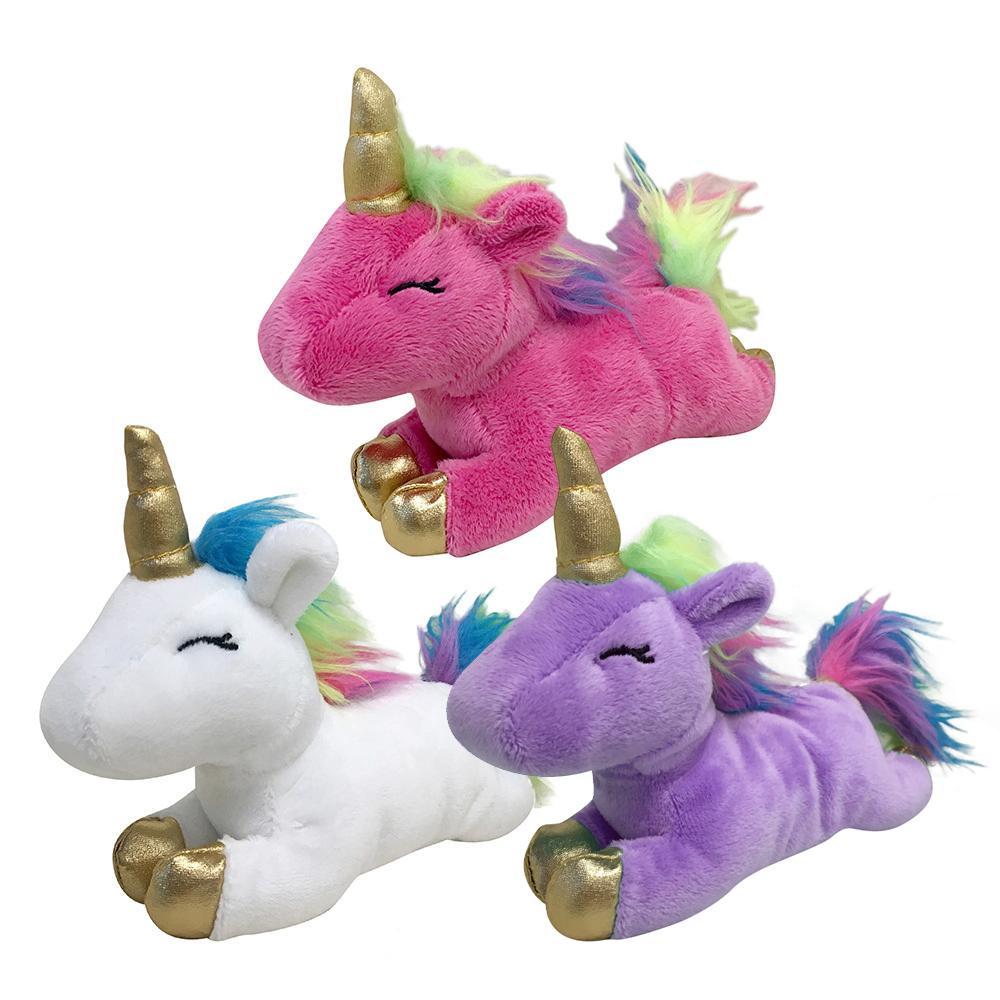A soft and colorful 6-inch unicorn plush toy with metallic hooves and horn, featuring a vibrant rainbow mane and tail.
