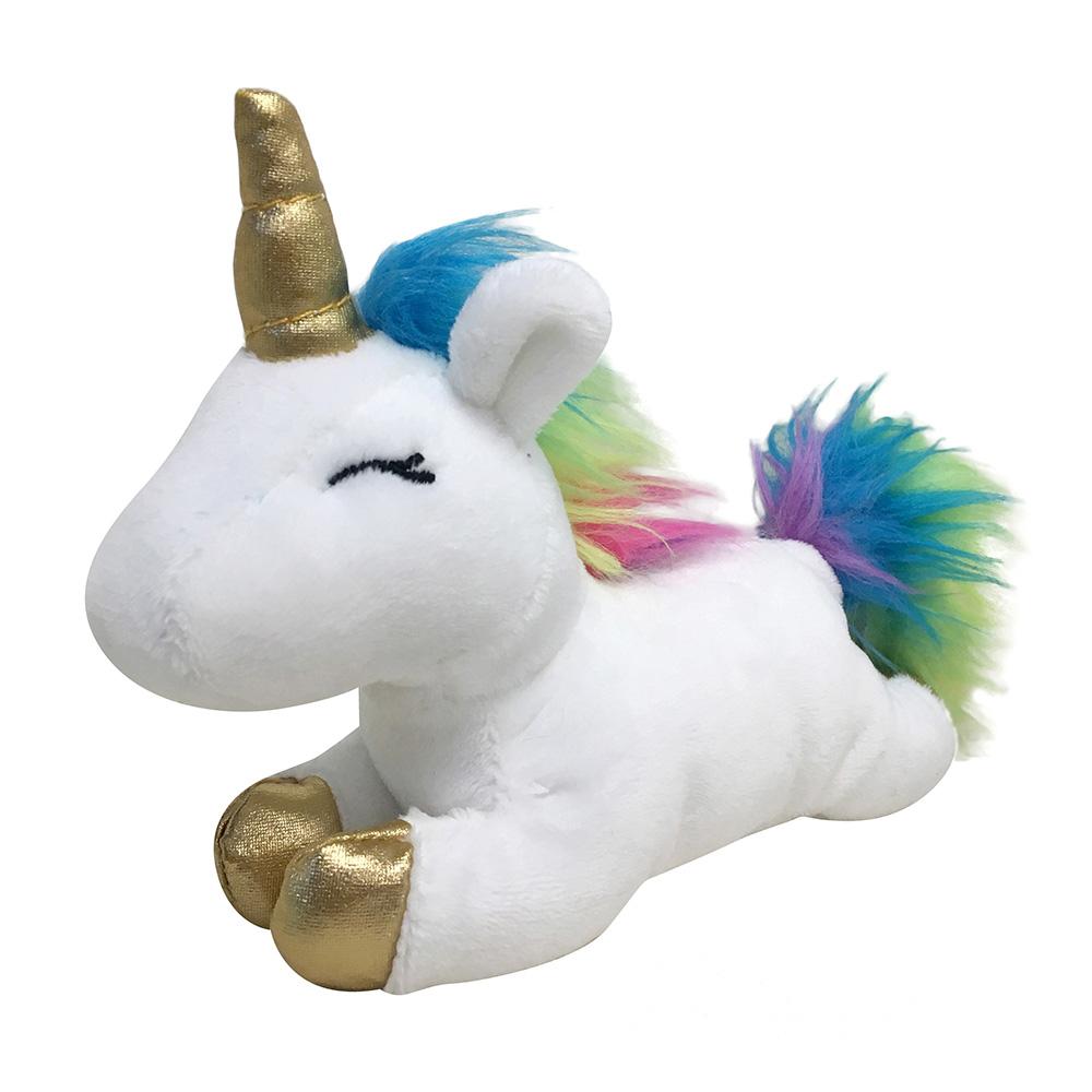 A soft and colorful 6-inch unicorn plush toy with metallic hooves and horn, featuring a vibrant rainbow mane and tail.