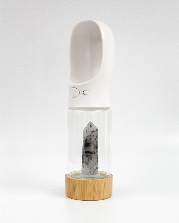 Urban Oasis crystal-infused water bottle with natural crystals, eco-friendly design, perfect for hydration on-the-go.
