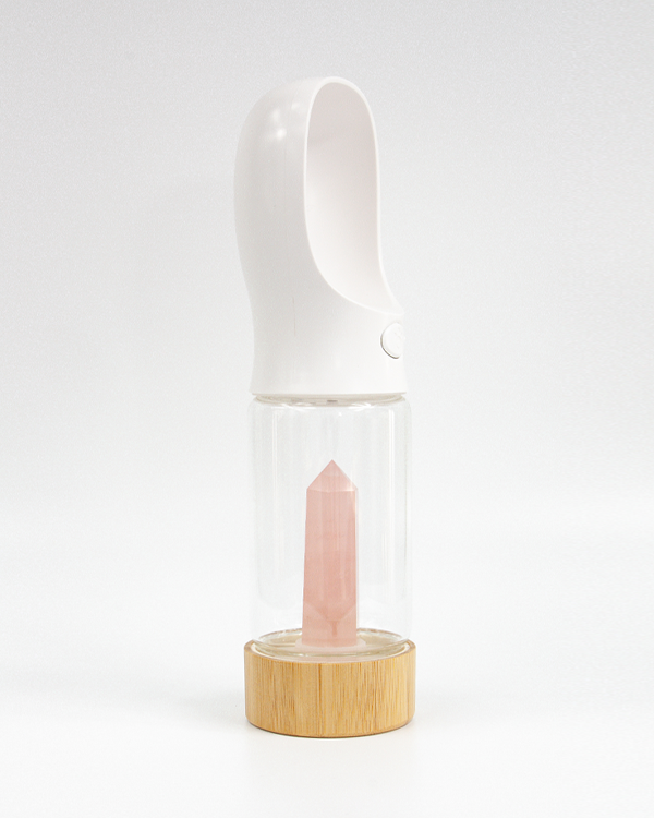 Urban Oasis crystal-infused water bottle with natural crystals, eco-friendly design, perfect for hydration on-the-go.