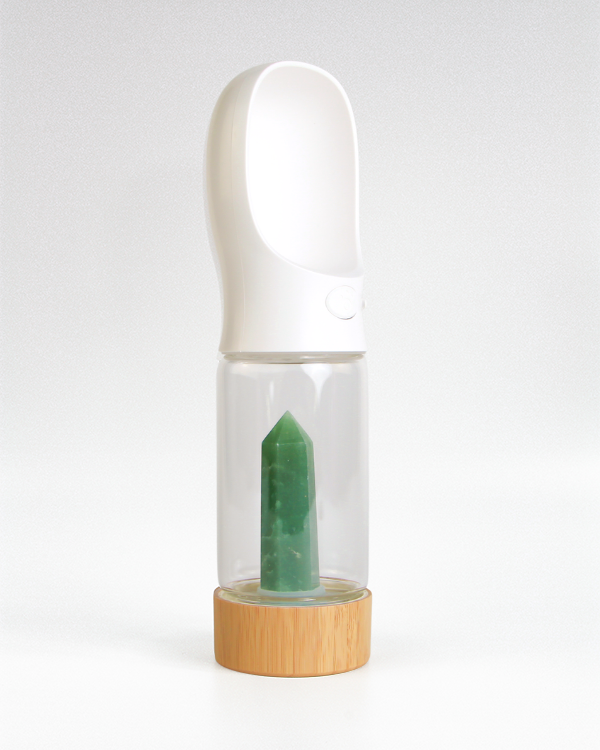 Urban Oasis crystal-infused water bottle with natural crystals, eco-friendly design, perfect for hydration on-the-go.