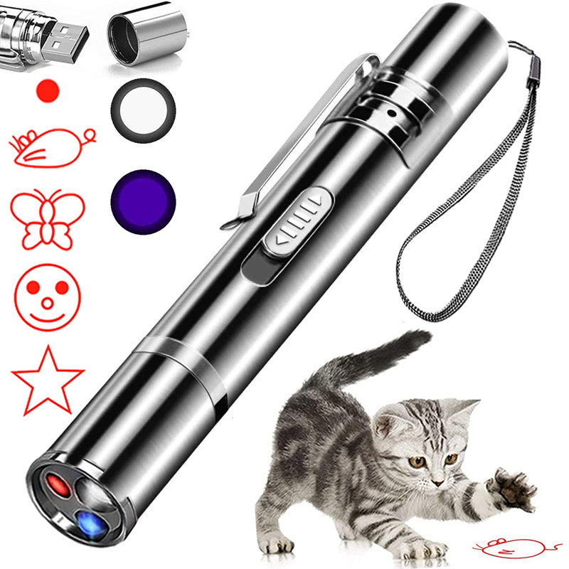 USB Charging Laser Teasing Cat Stick in sleek metal design, perfect for interactive play with cats.