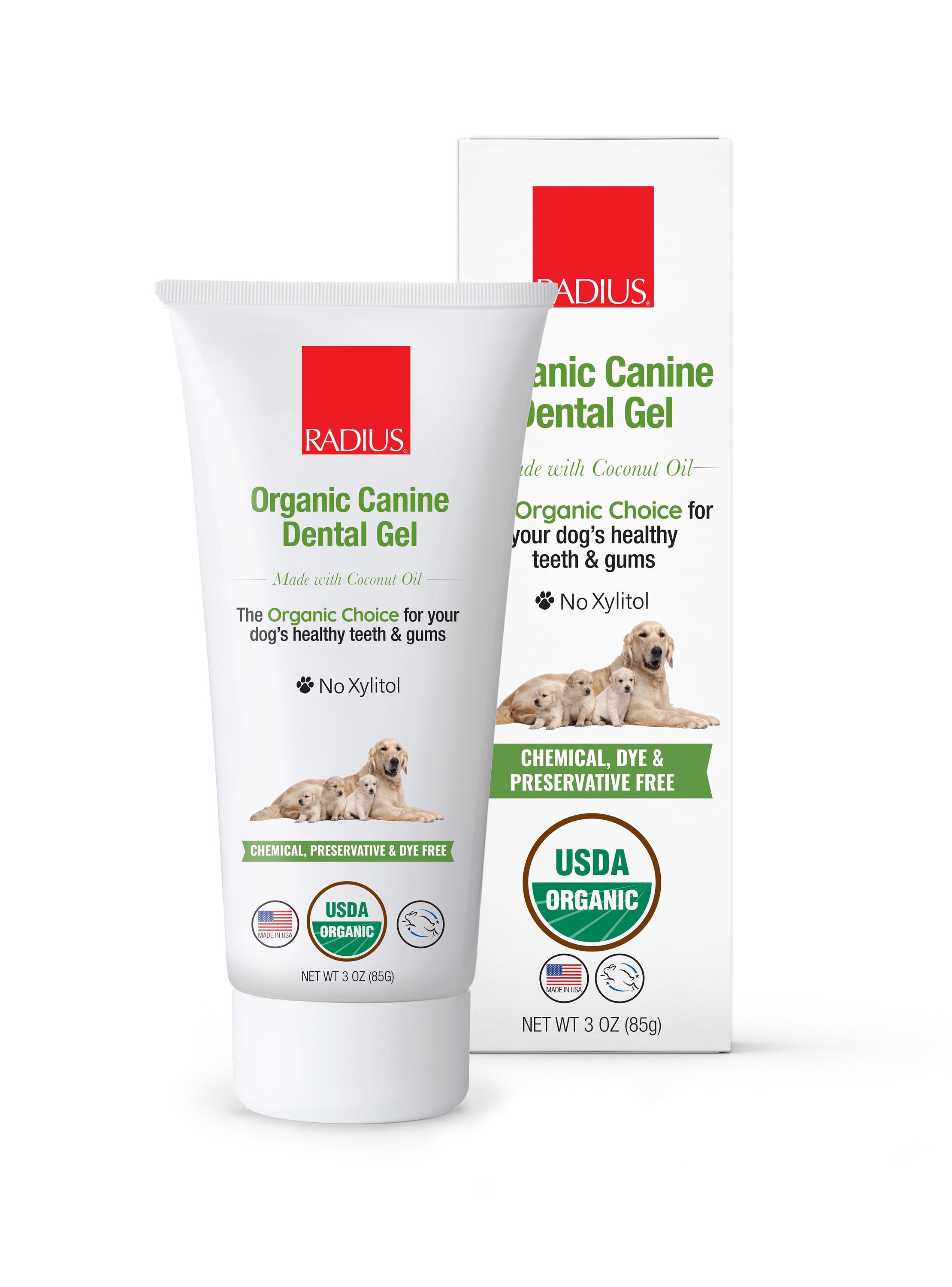 USDA Organic Canine Toothpaste in a tube with sweet potato and mint ingredients displayed around it.
