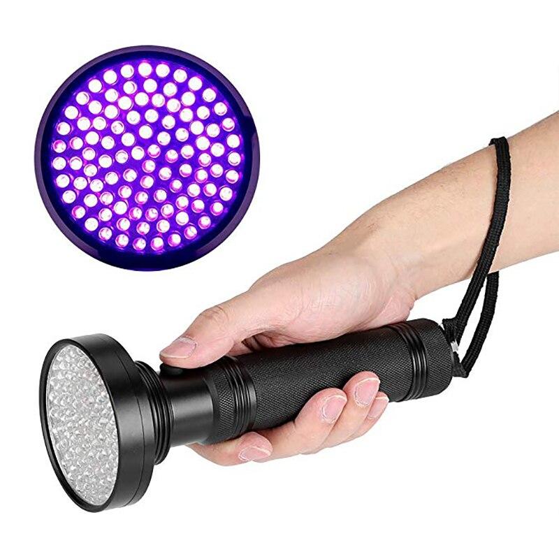 UV Flashlight with 100 LEDs emitting purple light, designed for detecting stains and scorpions, featuring a durable black shell.
