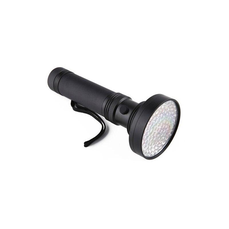 UV Flashlight with 100 LEDs emitting purple light, designed for detecting stains and scorpions, featuring a durable black shell.
