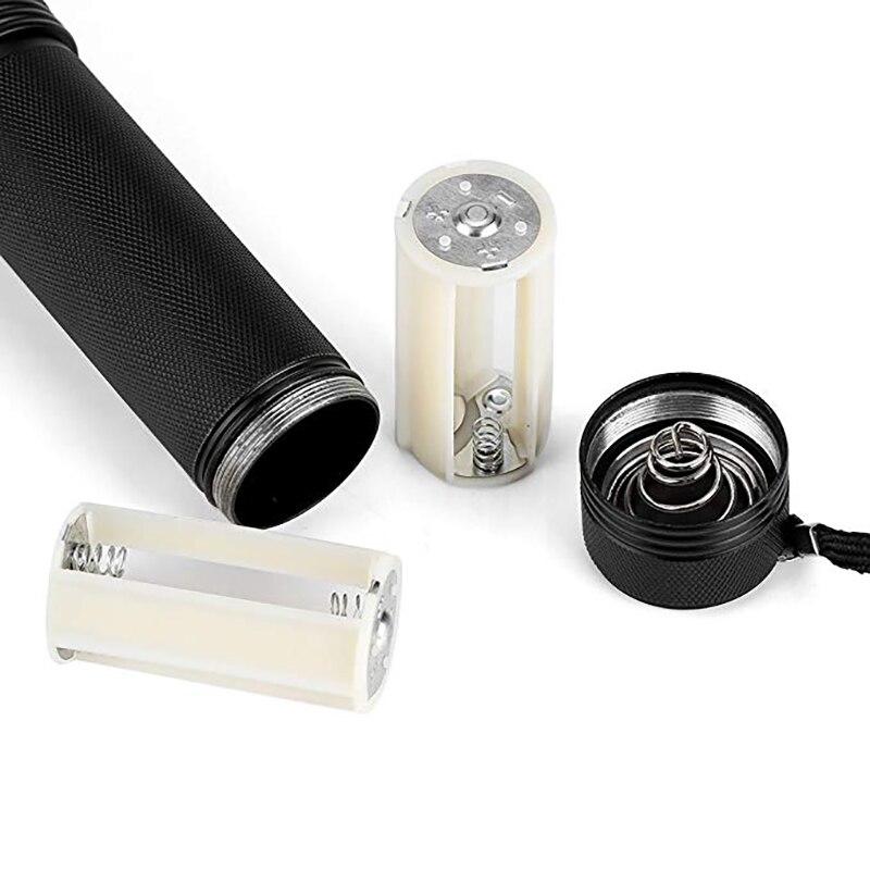 UV Flashlight with 100 LEDs emitting purple light, designed for detecting stains and scorpions, featuring a durable black shell.