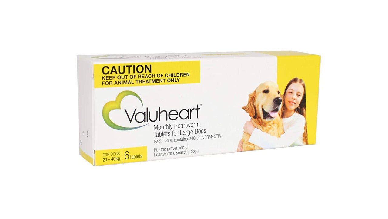 Valuheart Heartworm (Gold) tablets for large dogs, packaged in a 6 tablet box, designed for heartworm prevention.