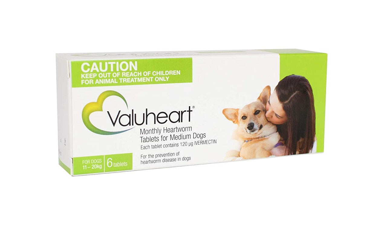 Valuheart Heartworm (Green) tablets for medium dogs, packaged in a 6-count box, designed for heartworm prevention.