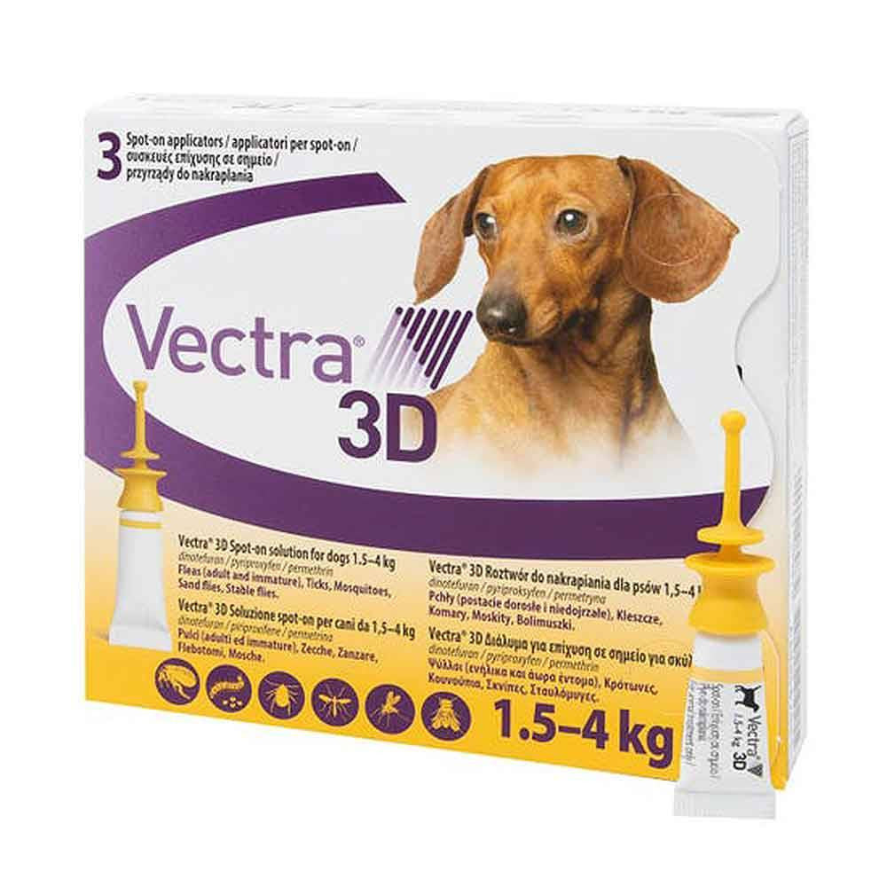 Vectra 3D Spot-on Solution for Extra Small Dogs in packaging, designed to repel and kill fleas and ticks.