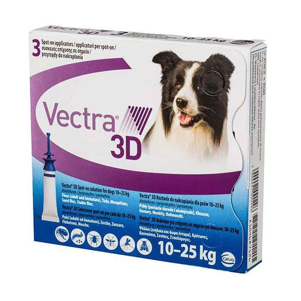Vectra 3D Spot-on Solution for medium dogs, featuring three applicators and packaging designed for flea and tick prevention.