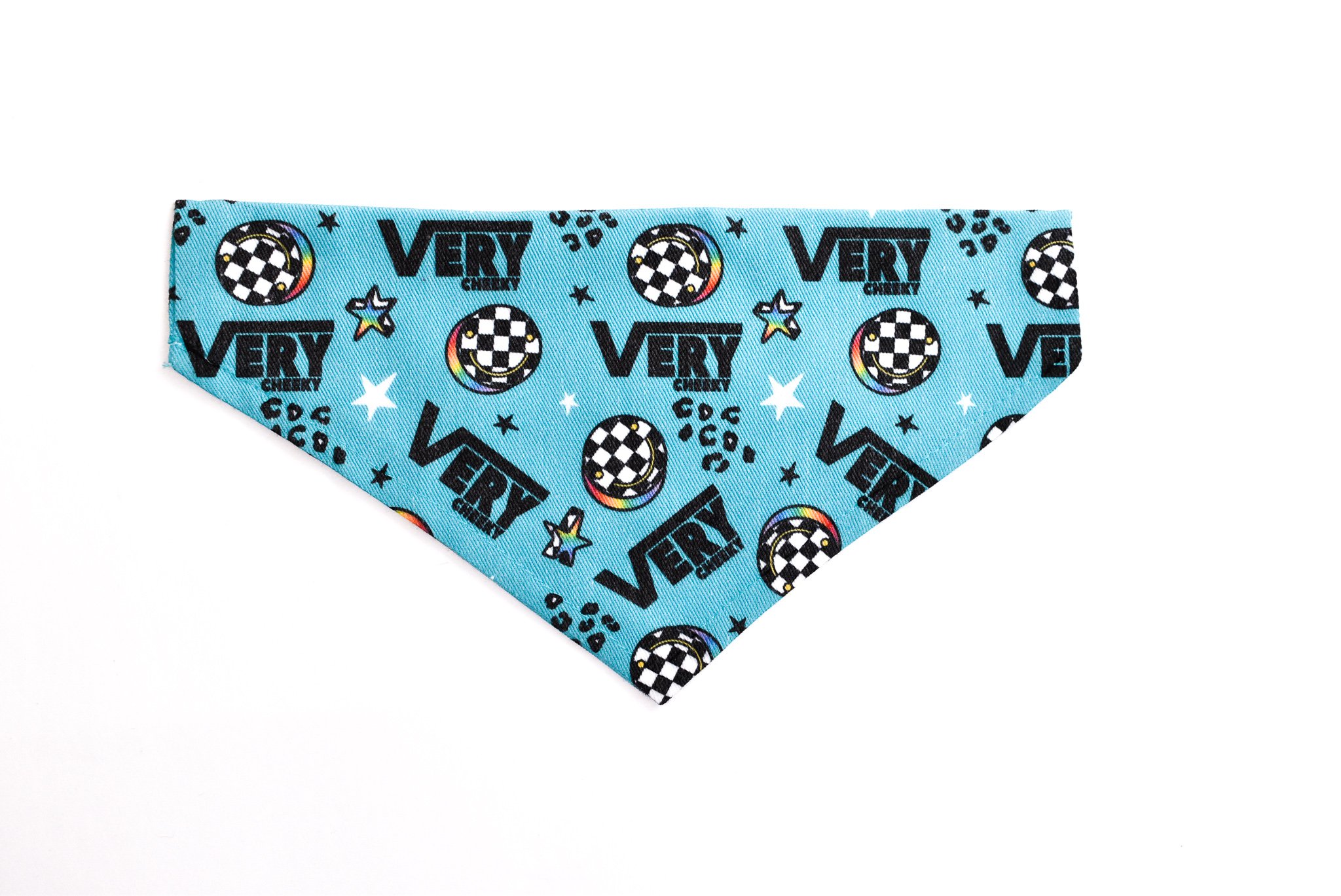 A stylish Very Cheeky Bandana for dogs, made from unique canvas fabric, showcasing a cute design and slip-on feature for easy wear.
