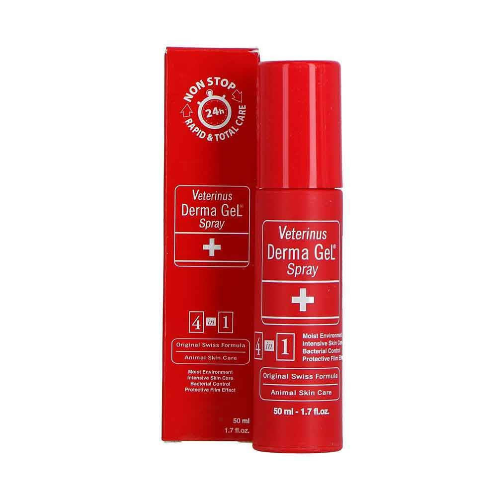 Veterinus Derma Gel Spray bottle for wound care, featuring a sleek design and clear labeling for easy identification.
