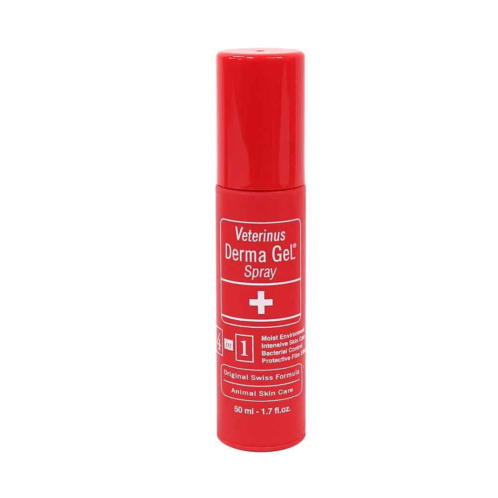 Veterinus Derma Gel Spray bottle for wound care, featuring a sleek design and clear labeling for easy identification.