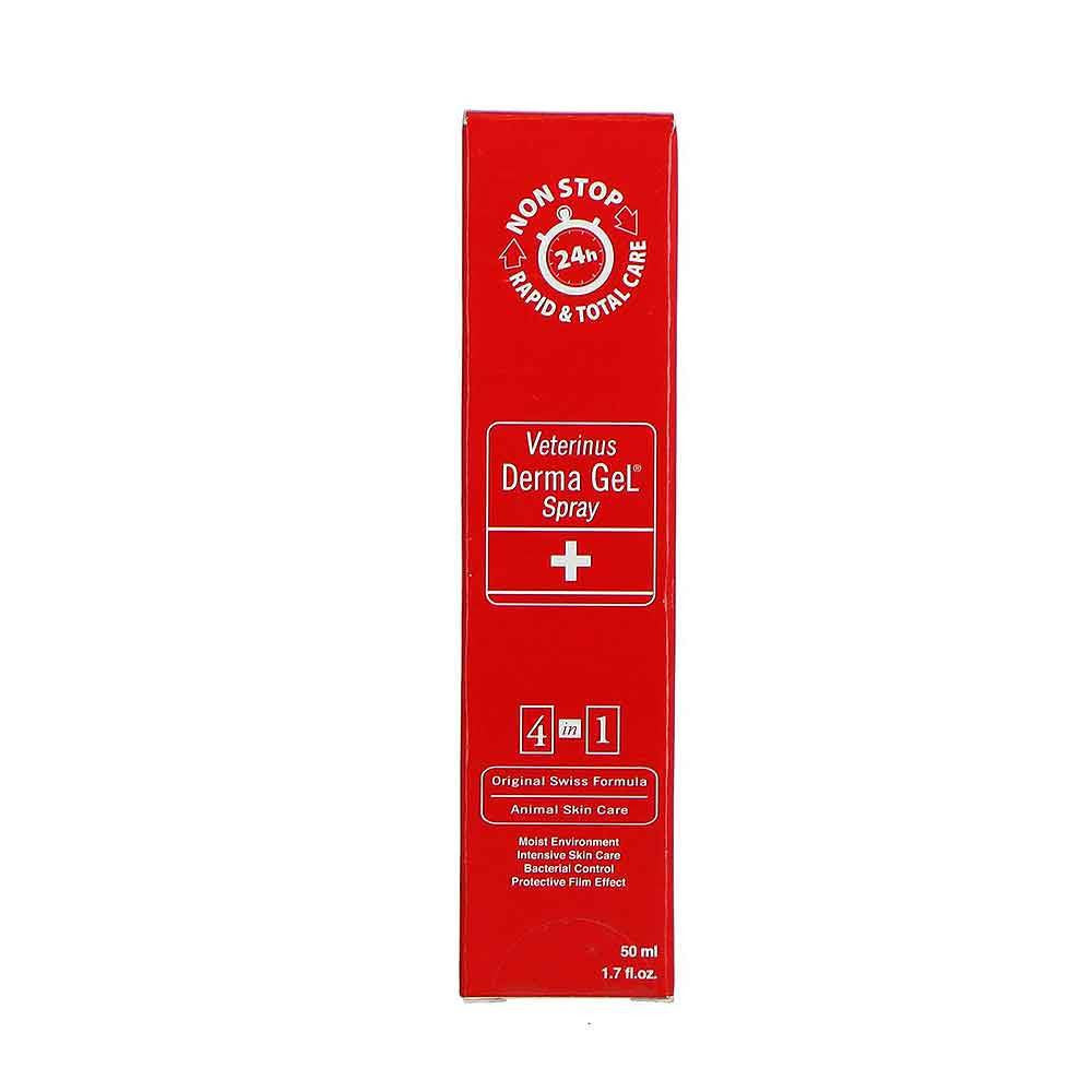 Veterinus Derma Gel Spray bottle for wound care, featuring a sleek design and clear labeling for easy identification.