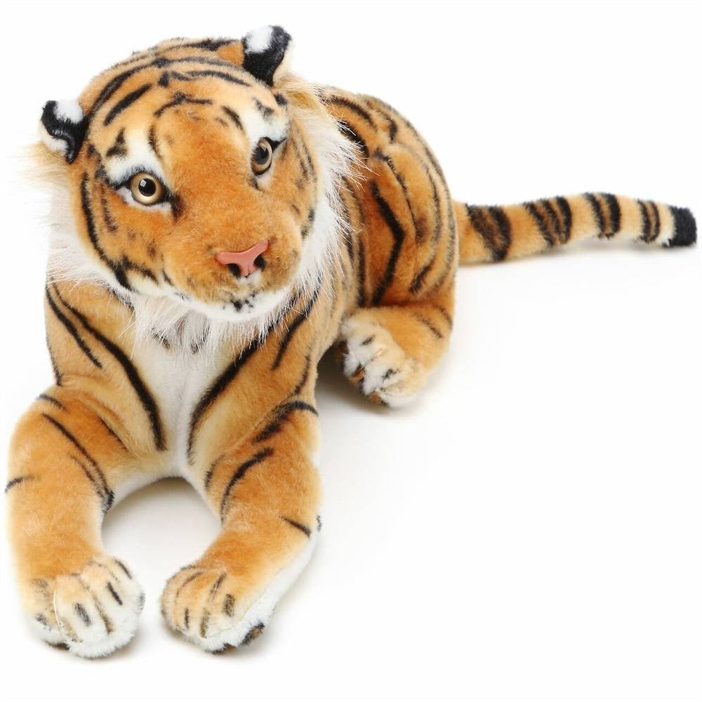 VIAHART Arrow the Tiger plush stuffed animal, featuring vibrant orange fur and black stripes, measuring 2 feet long.