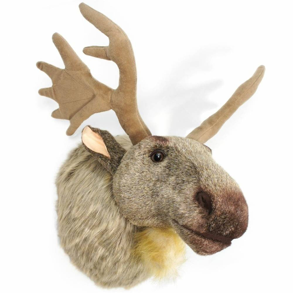 VIAHART Muscovy the Moose plush wall mount bust with antlers, showcasing its soft fabric and adorable features.