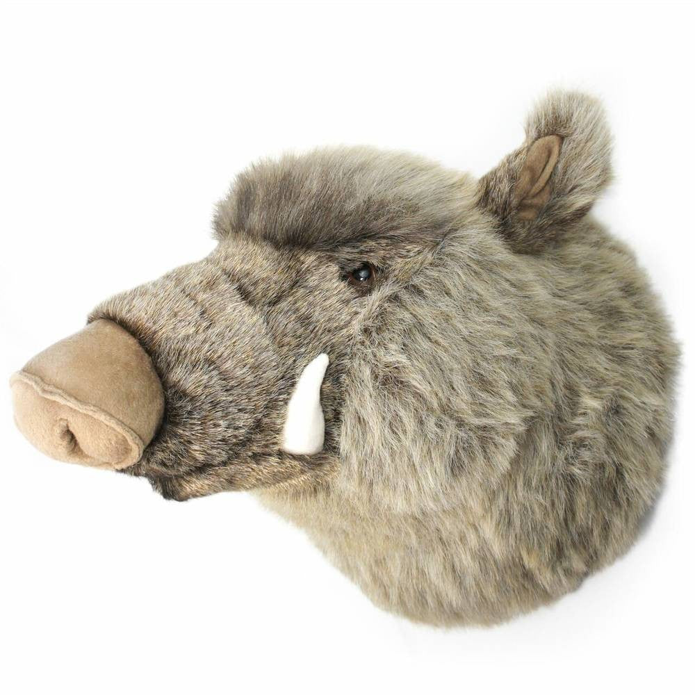 Waverly the Boar, a 17-inch plush hog head wall mount, showcasing soft fabric and detailed features, perfect for decor or cuddling.