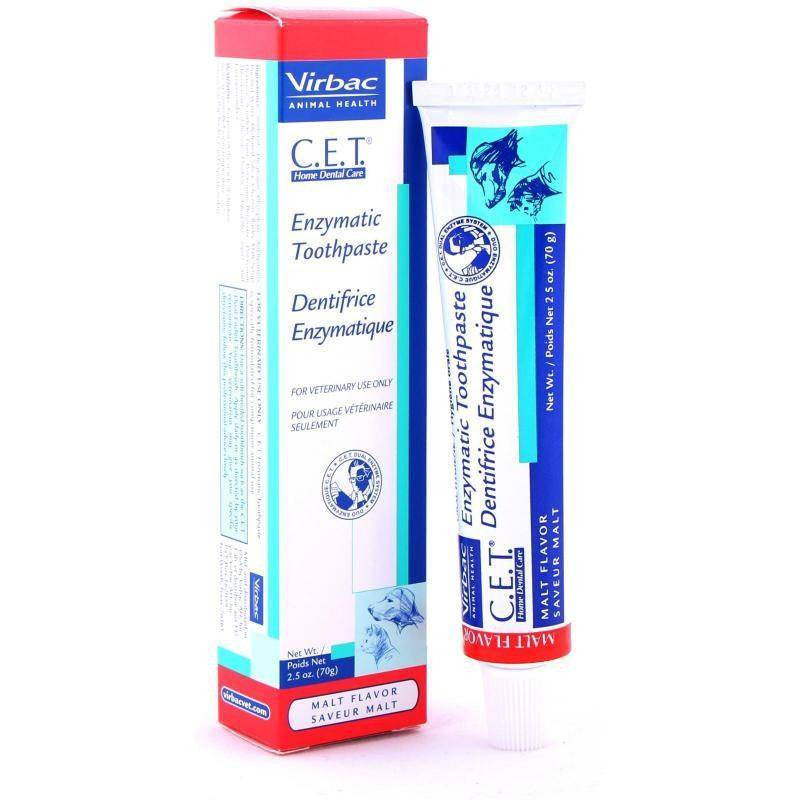 Tube of Virbac C.E.T Enzymatic Toothpaste for Dogs and Cats in malt flavor, designed for effective oral hygiene.