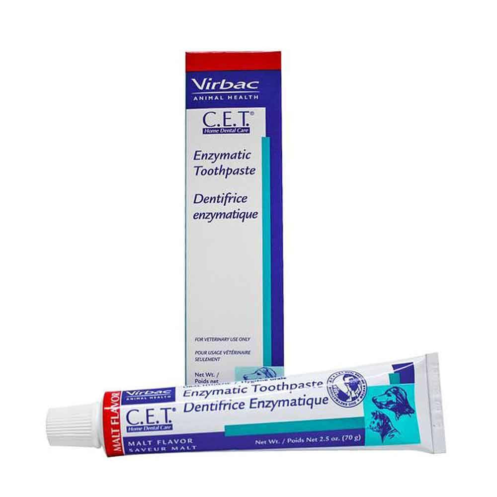 Tube of Virbac C.E.T Enzymatic Toothpaste for Dogs and Cats in malt flavor, designed for effective oral hygiene.