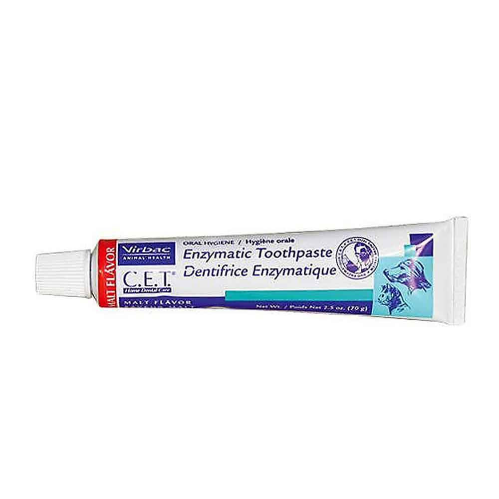 Tube of Virbac C.E.T Enzymatic Toothpaste for Dogs and Cats in malt flavor, designed for effective oral hygiene.