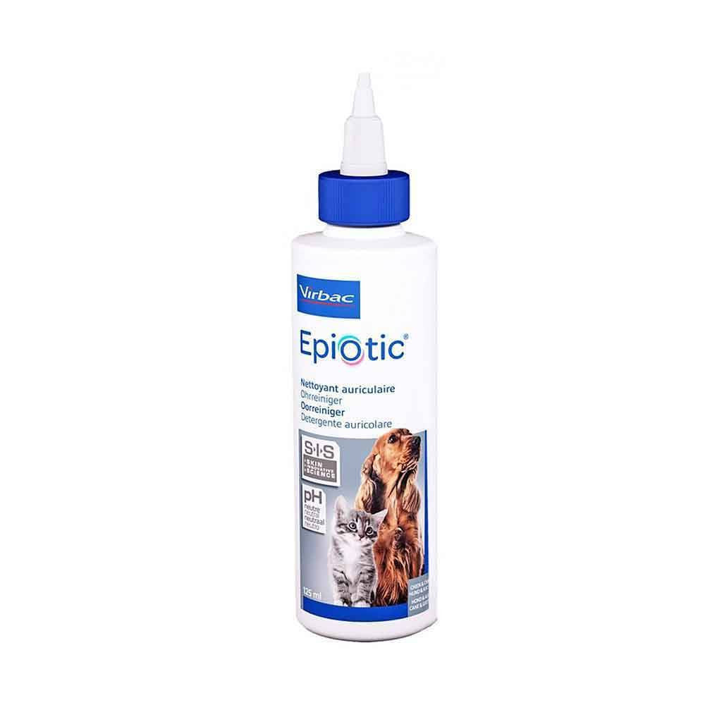 Virbac Epiotic Ear Cleanser bottle for dogs and cats, 125ml, designed for effective ear cleaning and soothing.